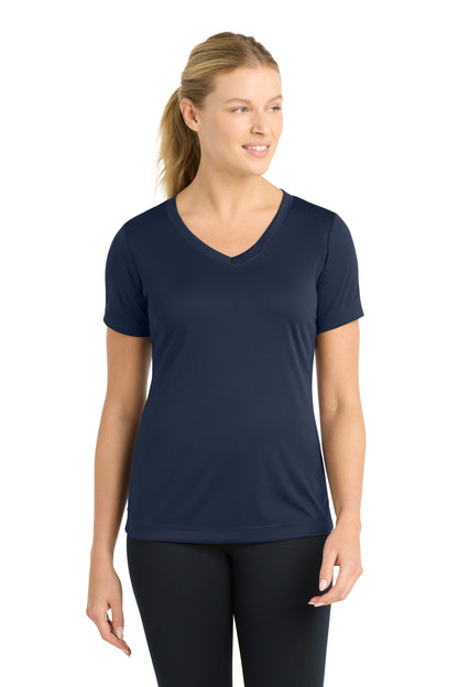 Front View of True Navy Sport-Tek Women's PosiCharge Competitor V-Neck Tee. LST353 plain