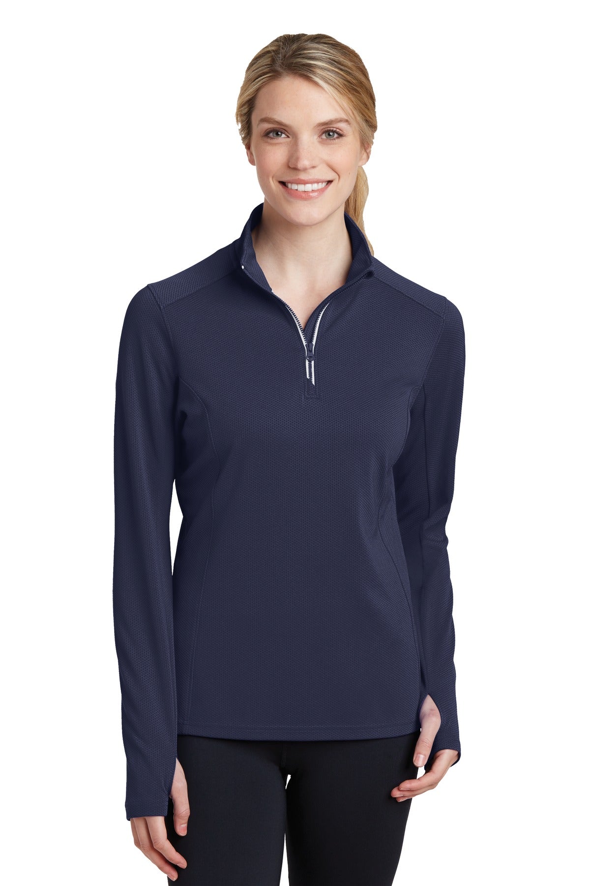 Front View of True Navy Sport-Tek Women's Sport-Wick Textured 1/4-Zip Pullover. LST860 plain