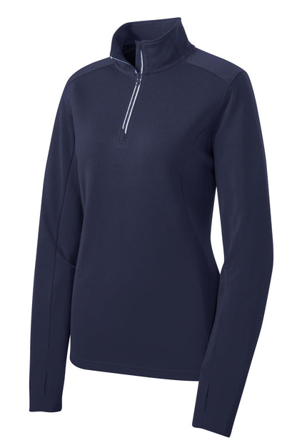 Front View of True Navy Sport-Tek Women's Sport-Wick Textured 1/4-Zip Pullover. LST860 plain