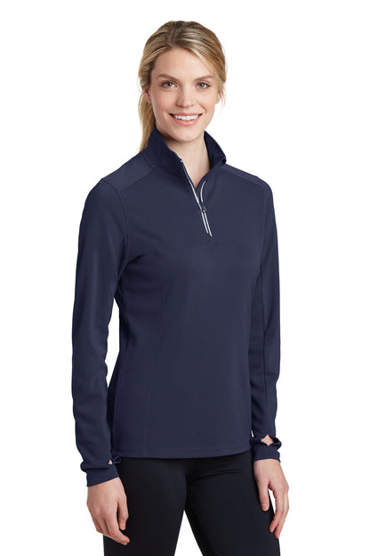 Front View of True Navy Sport-Tek Women's Sport-Wick Textured 1/4-Zip Pullover. LST860 plain