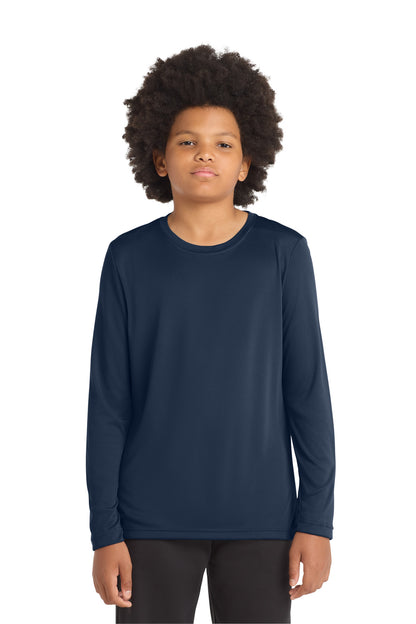 Front View of True Navy Sport-Tek Youth Posi-UV Pro Long Sleeve Tee. YST420LS plain