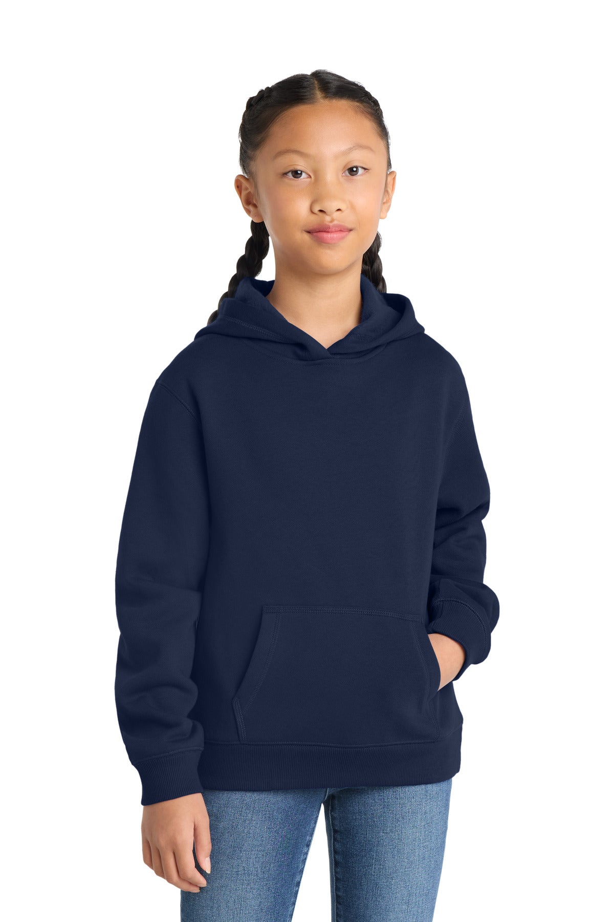 Front View of True Navy Sport-Tek Youth Pullover Hooded Sweatshirt. YST254 plain