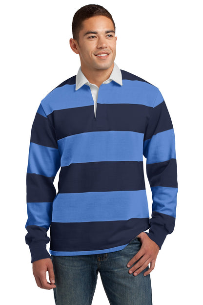 Front View of True Navy/CaBl Sport-Tek Classic Long Sleeve Rugby Polo. ST301 plain