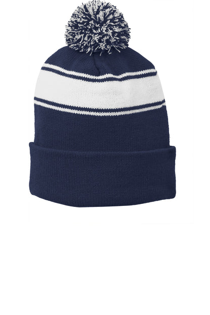 Front View of True Navy/Wht Sport-Tek Stripe Pom Pom Beanie. STC28 plain