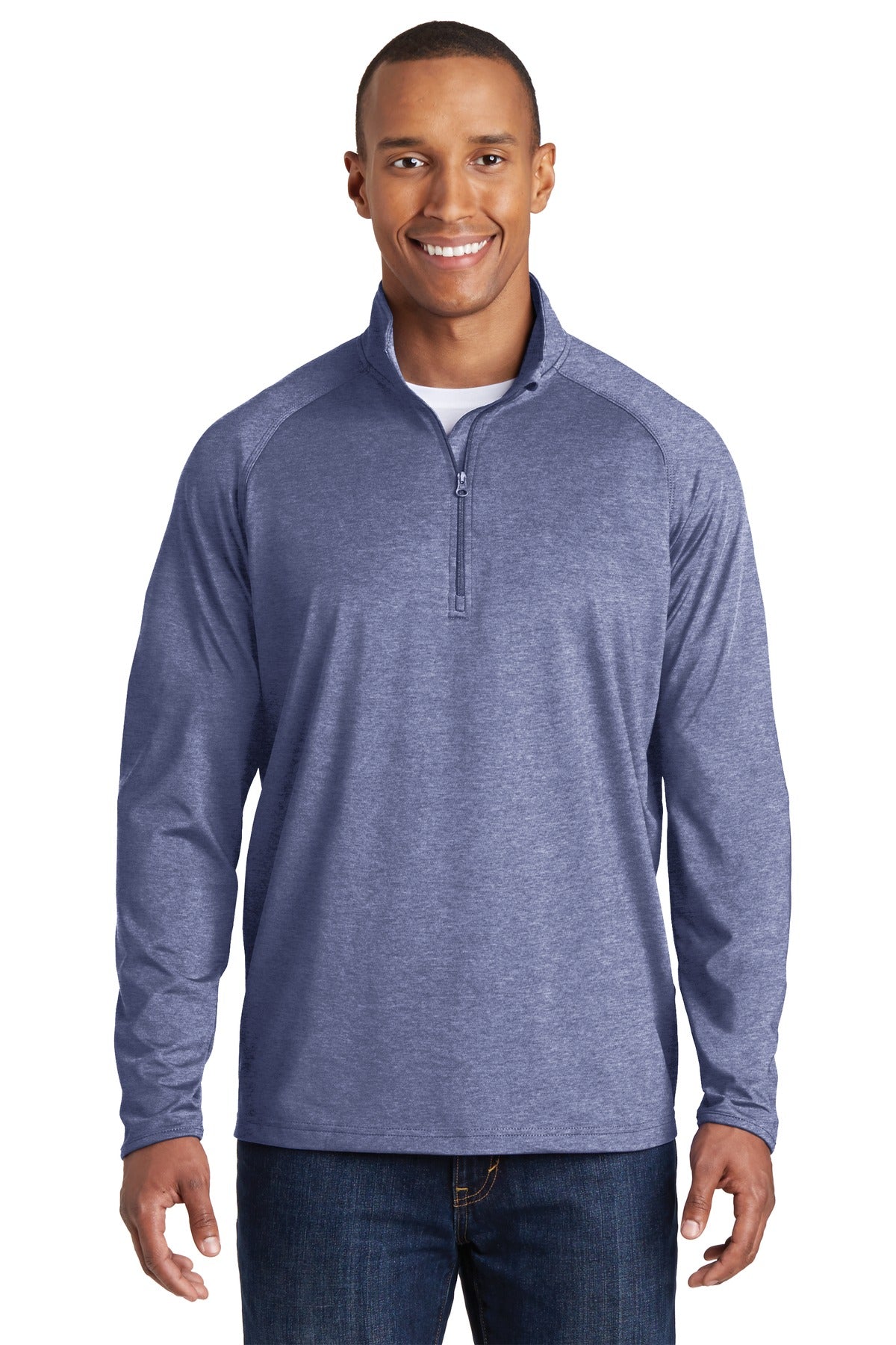 Front View of True Nvy Hthr Sport-Tek Sport-Wick Stretch 1/4-Zip Pullover. ST850 plain