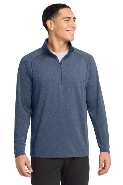 Front View of True Nvy Hthr Sport-Tek Sport-Wick Stretch 1/4-Zip Pullover. ST850 plain