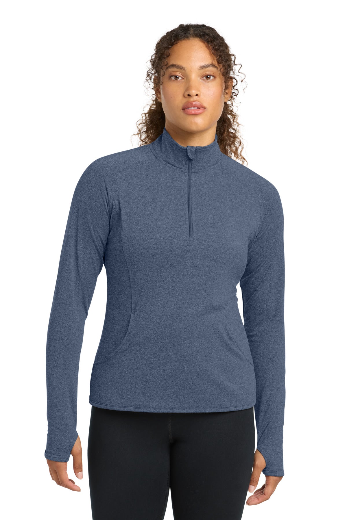 Front View of True Nvy Hthr Sport-Tek Women's Sport-Wick Stretch 1/4-Zip Pullover. LST850 plain