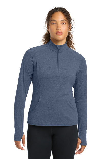 Front View of True Nvy Hthr Sport-Tek Women's Sport-Wick Stretch 1/4-Zip Pullover. LST850 plain