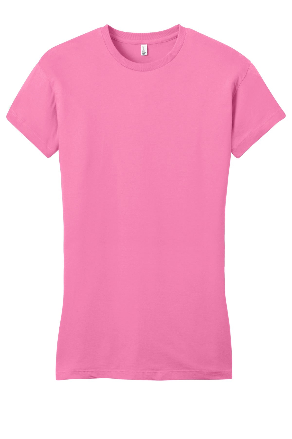 Front View of True Pink District Women's Fitted Very Important Tee . DT6001 plain
