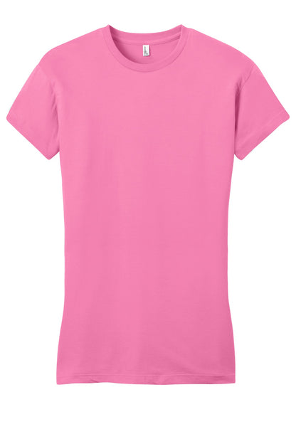 Front View of True Pink District Women's Fitted Very Important Tee . DT6001 plain