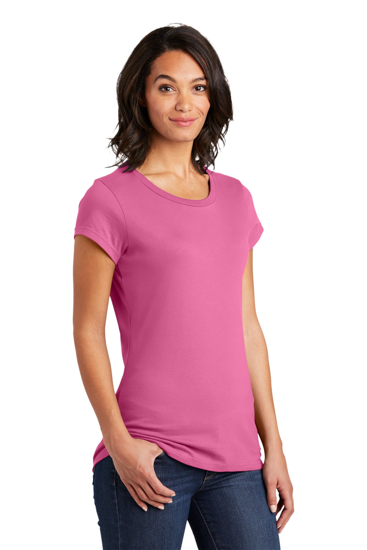 Front View of True Pink District Women's Fitted Very Important Tee . DT6001 plain