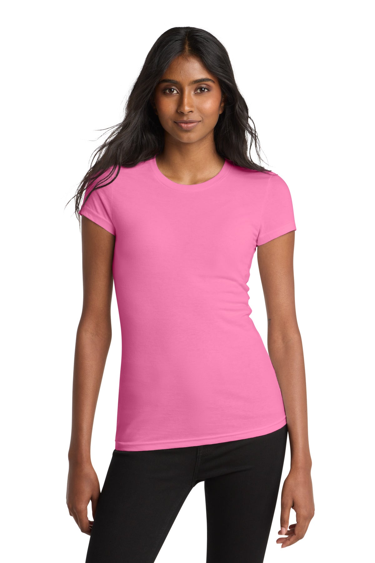 Front View of True Pink District Women's Fitted Very Important Tee . DT6001 plain