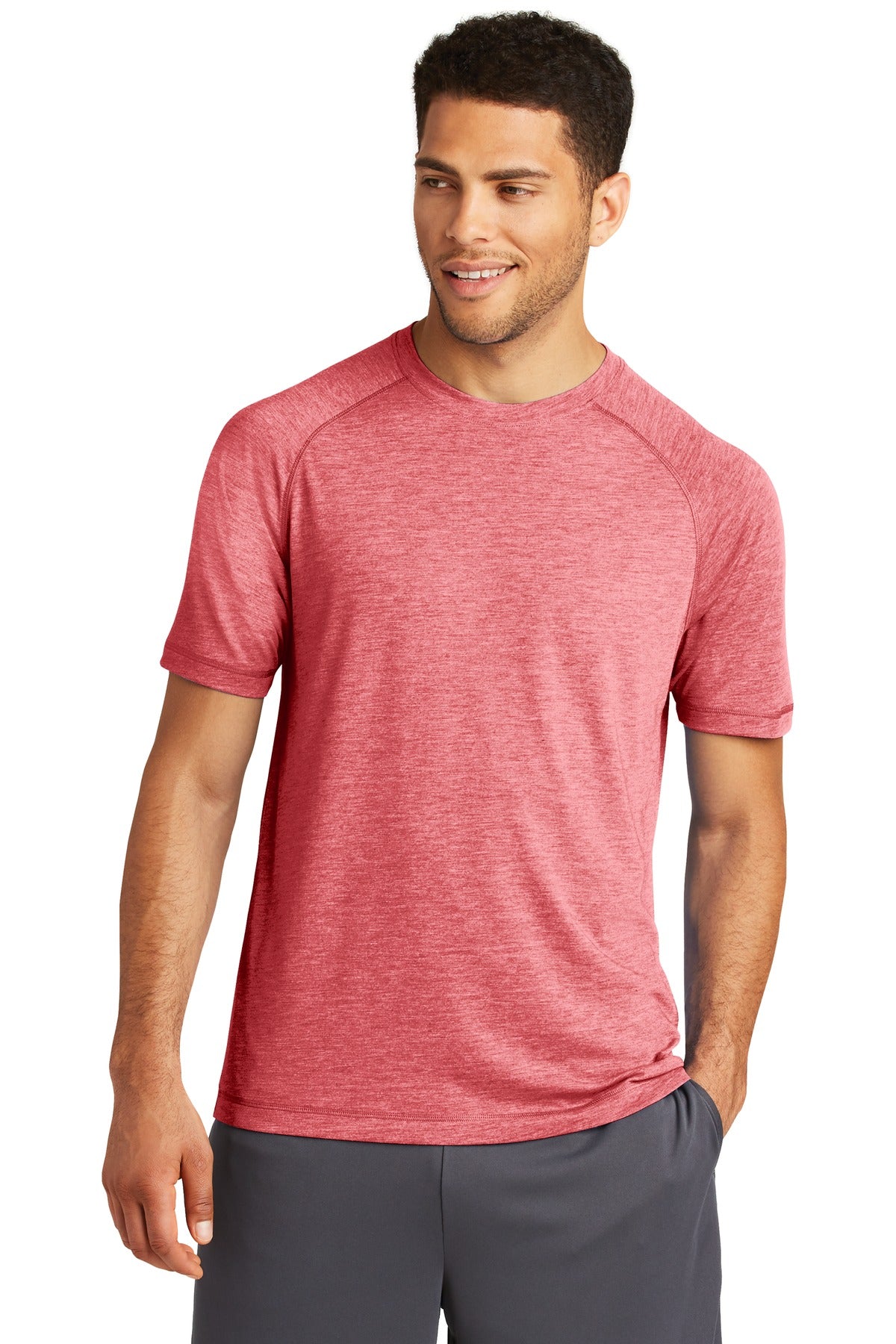 Front View of True Red Hthr Sport-Tek PosiCharge Tri-Blend Wicking Raglan Tee. ST400 plain