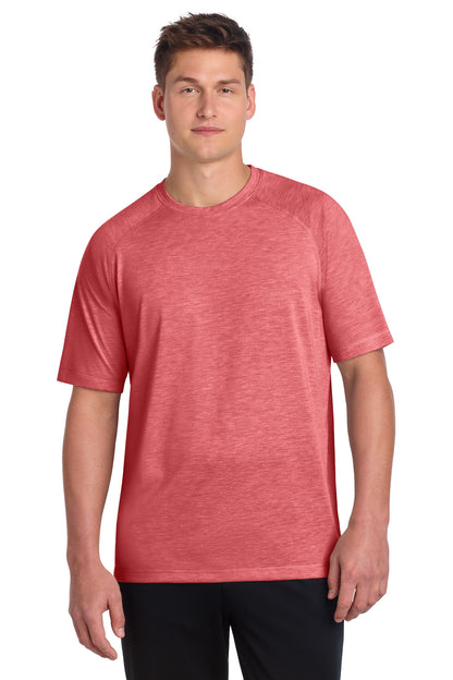 Front View of True Red Hthr Sport-Tek PosiCharge Tri-Blend Wicking Raglan Tee. ST400 plain