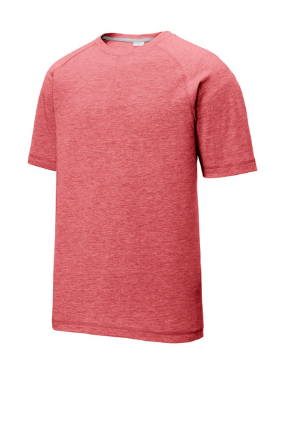 Front View of True Red Hthr Sport-Tek PosiCharge Tri-Blend Wicking Raglan Tee. ST400 plain