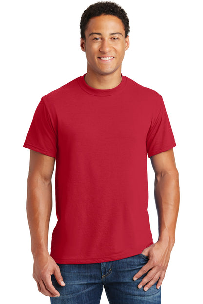 Front View of True Red Jerzees Dri-Power 100% Polyester T-Shirt. 21M plain