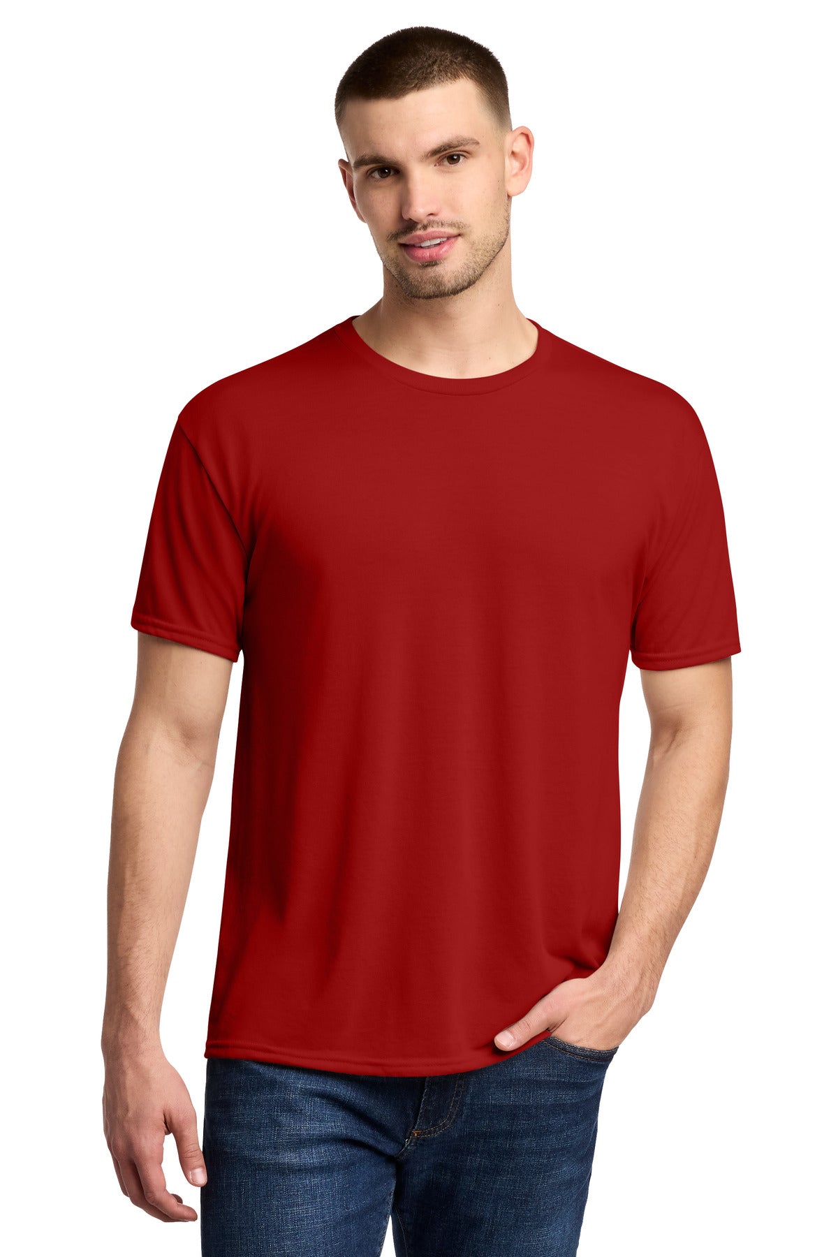 Front View of True Red Jerzees Dri-Power 100% Polyester T-Shirt. 21M plain