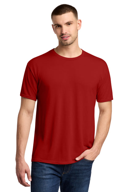 Front View of True Red Jerzees Dri-Power 100% Polyester T-Shirt. 21M plain