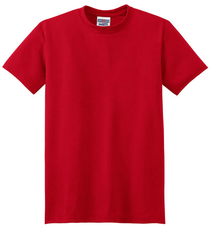 Front View of True Red Jerzees Dri-Power 100% Polyester T-Shirt. 21M plain