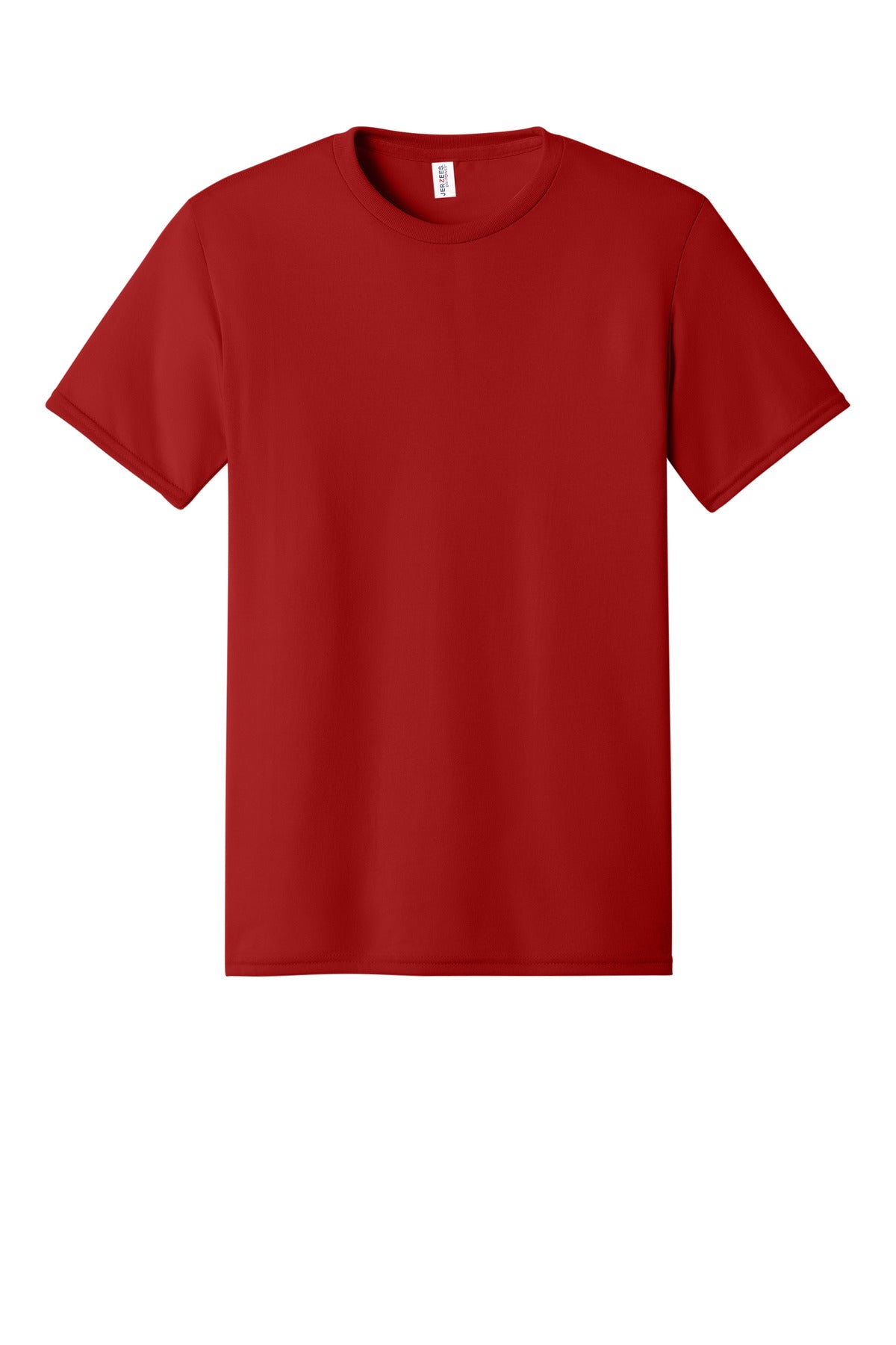 Front View of True Red Jerzees Dri-Power 100% Polyester T-Shirt. 21M plain