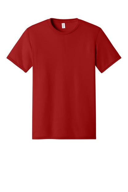 Front View of True Red Jerzees Dri-Power 100% Polyester T-Shirt. 21M plain