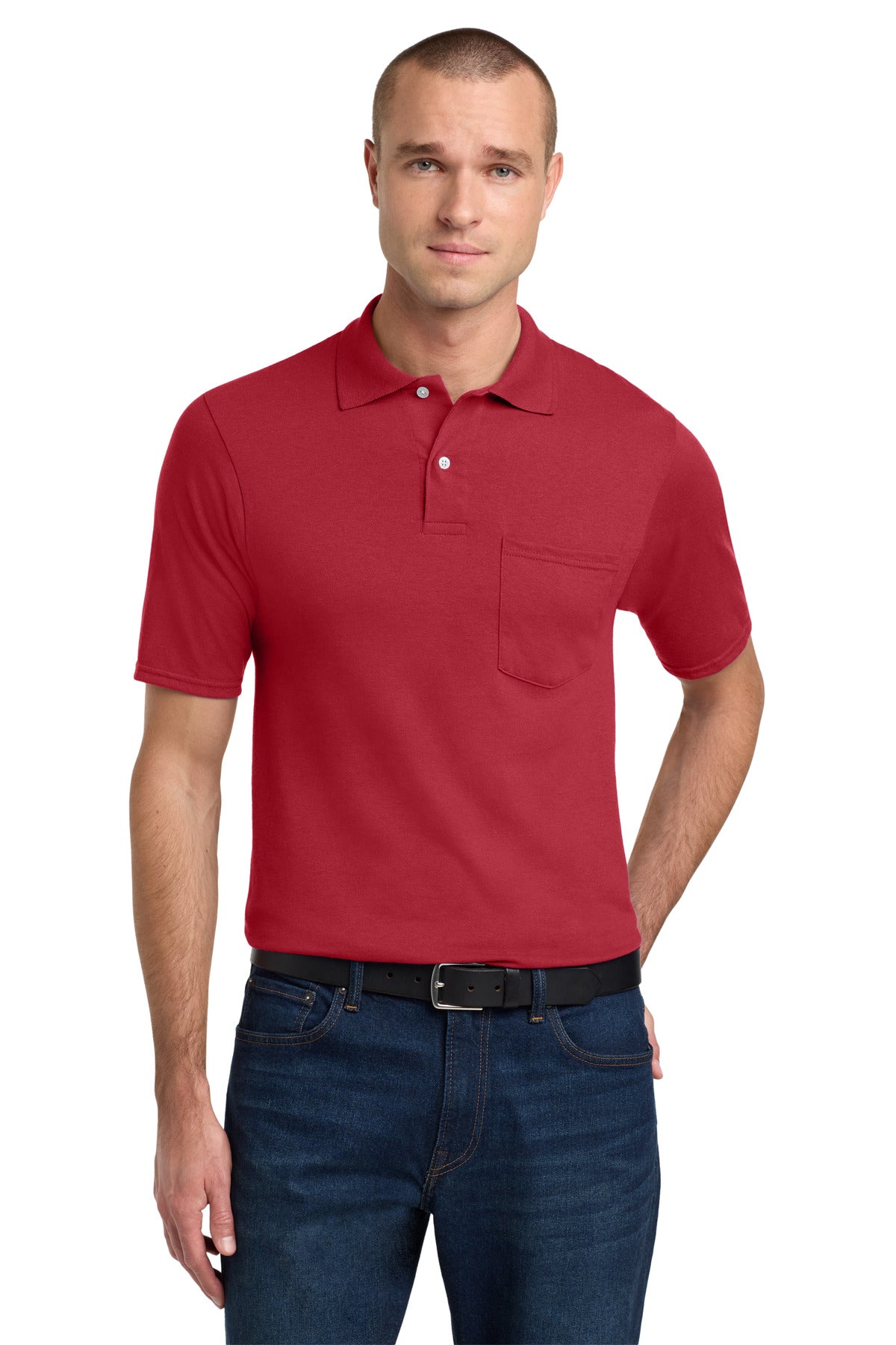 Front View of True Red Jerzees Dri-Power Pocket Sport Shirt. 436MP plain