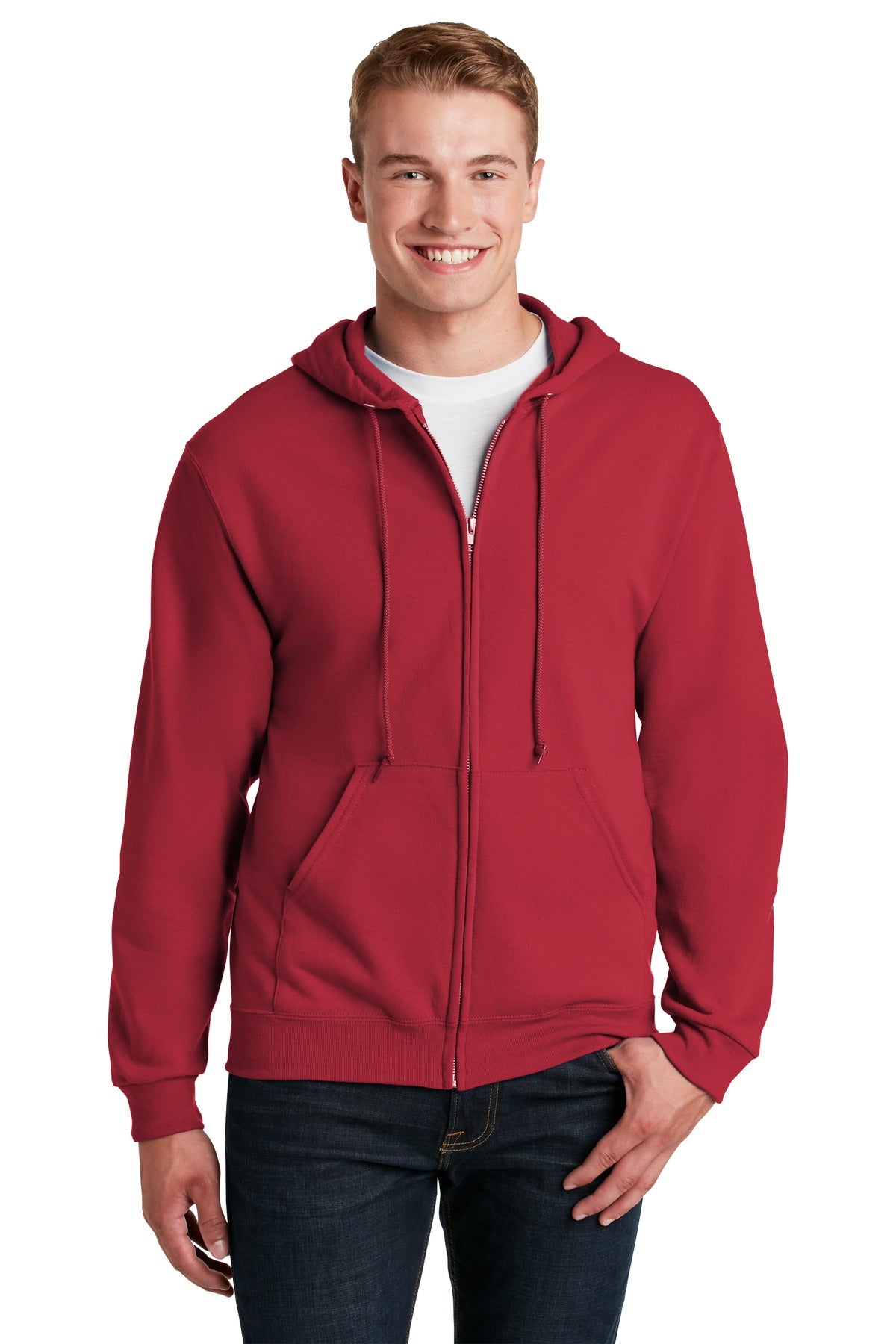 Front View of True Red Jerzees - NuBlend Full-Zip Hooded Sweatshirt. 993M plain