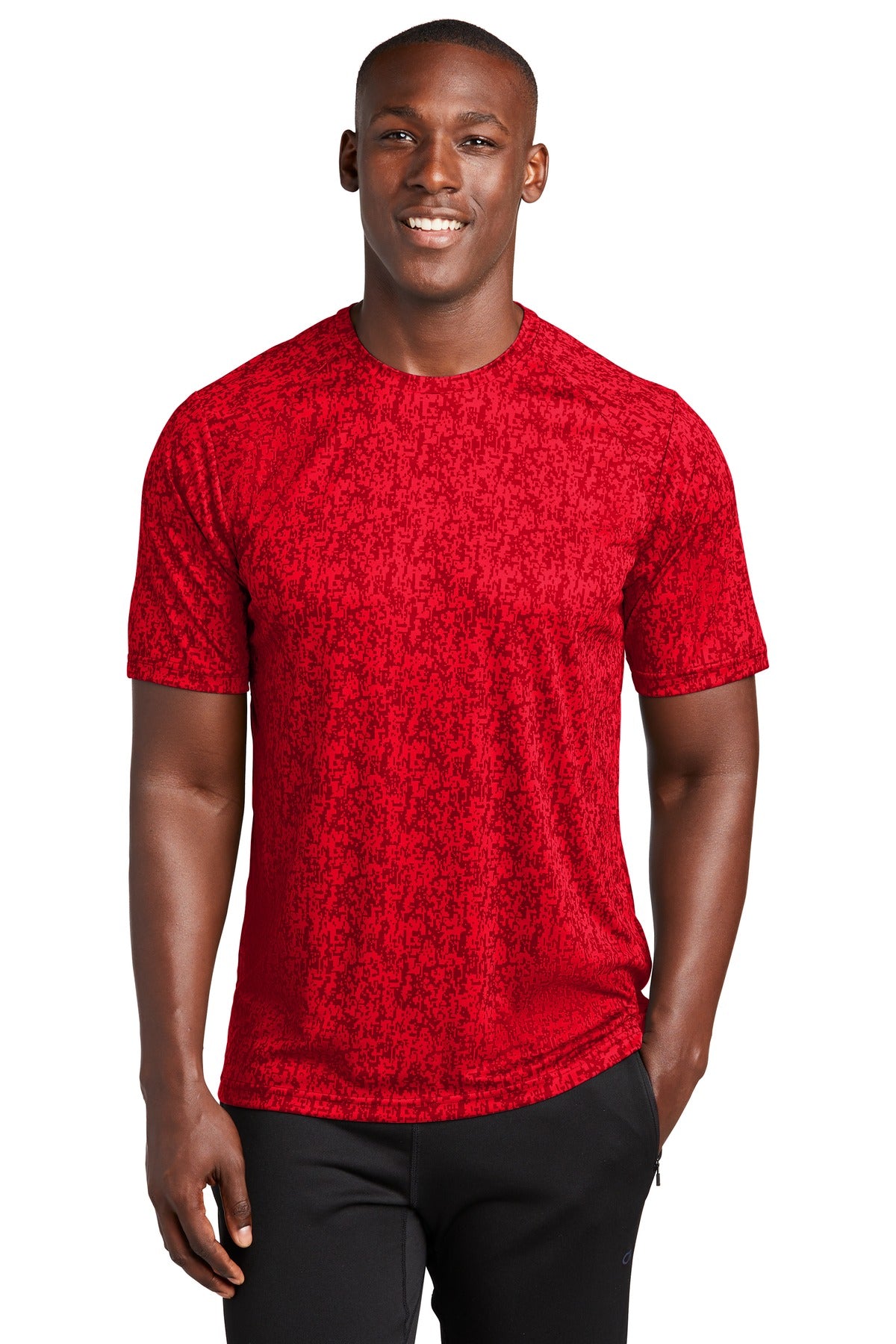 Front View of True Red Sport-Tek Digi Camo Tee. ST460 plain