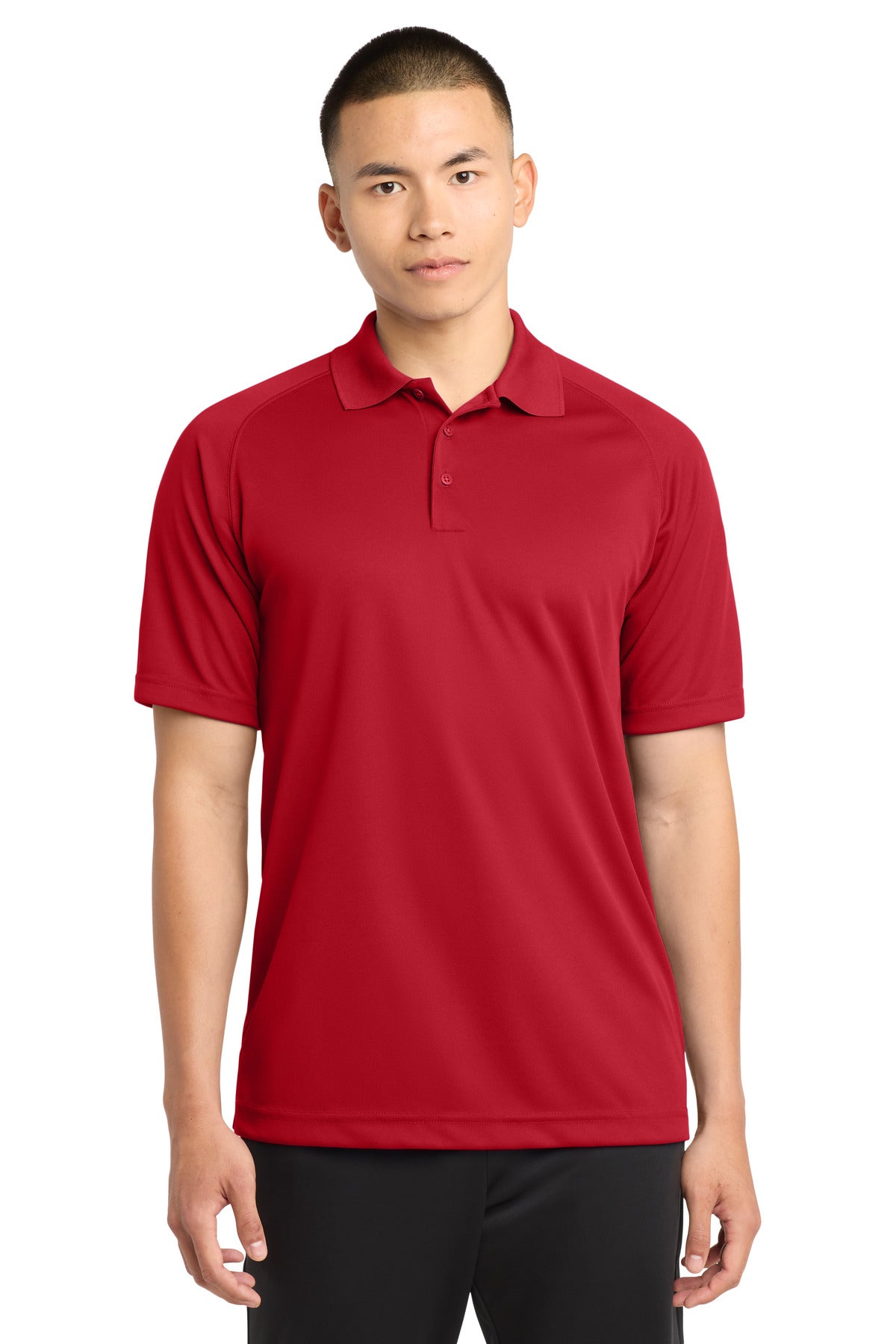 Front View of True Red Sport-Tek Dry Zone Raglan Polo. T475 plain