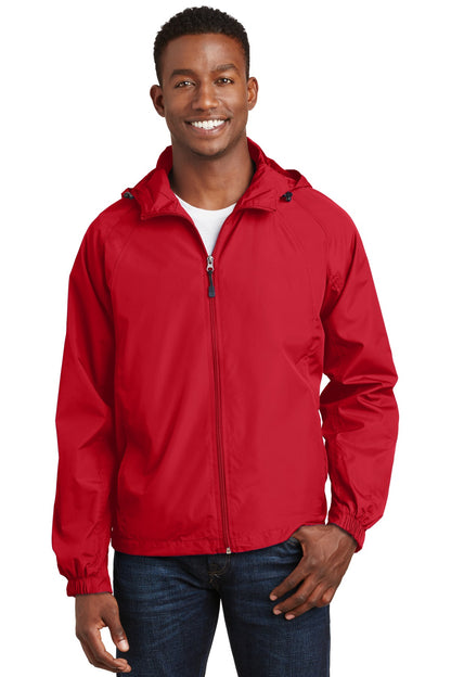 Front View of True Red Sport-Tek Hooded Raglan Jacket. JST73 plain