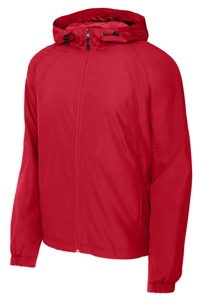 Front View of True Red Sport-Tek Hooded Raglan Jacket. JST73 plain