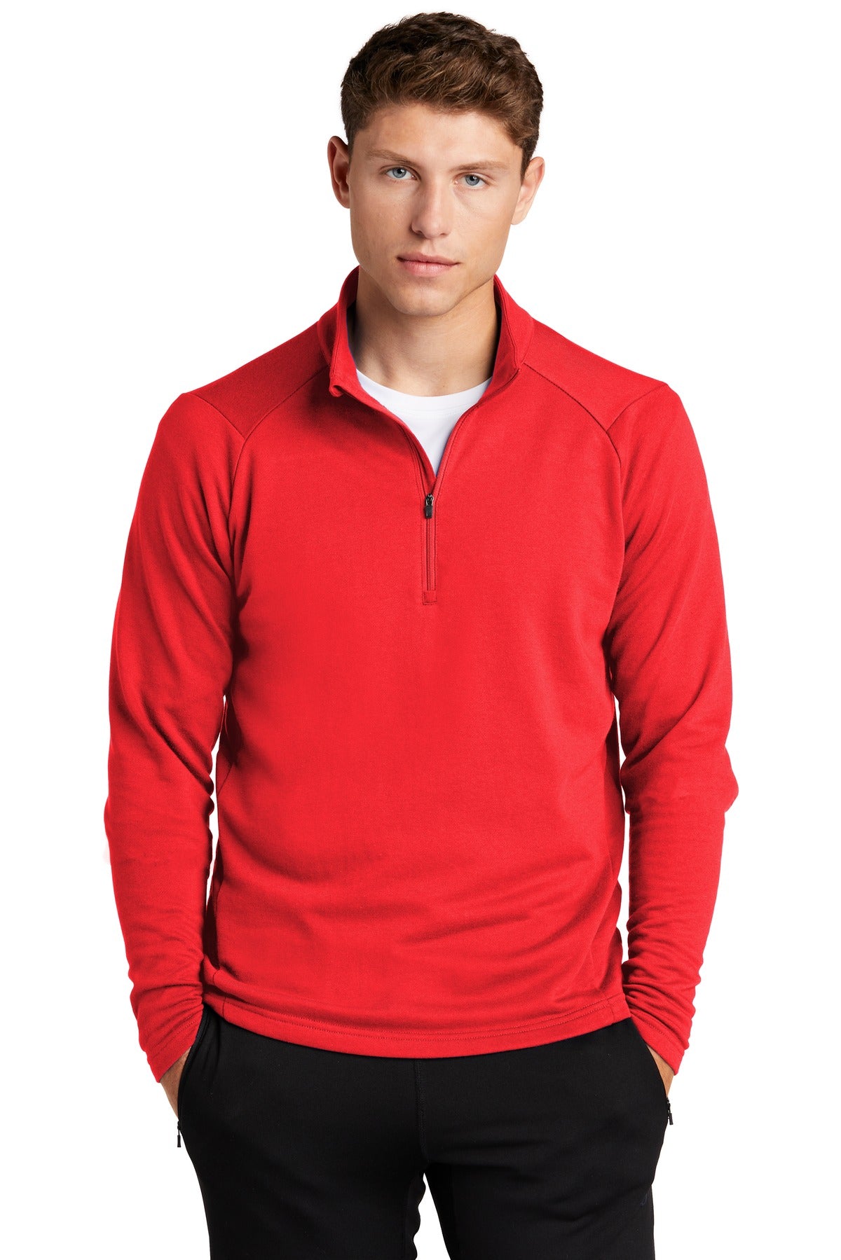 Front View of True Red Sport-Tek Lightweight French Terry 1/4-Zip Pullover. ST273 plain