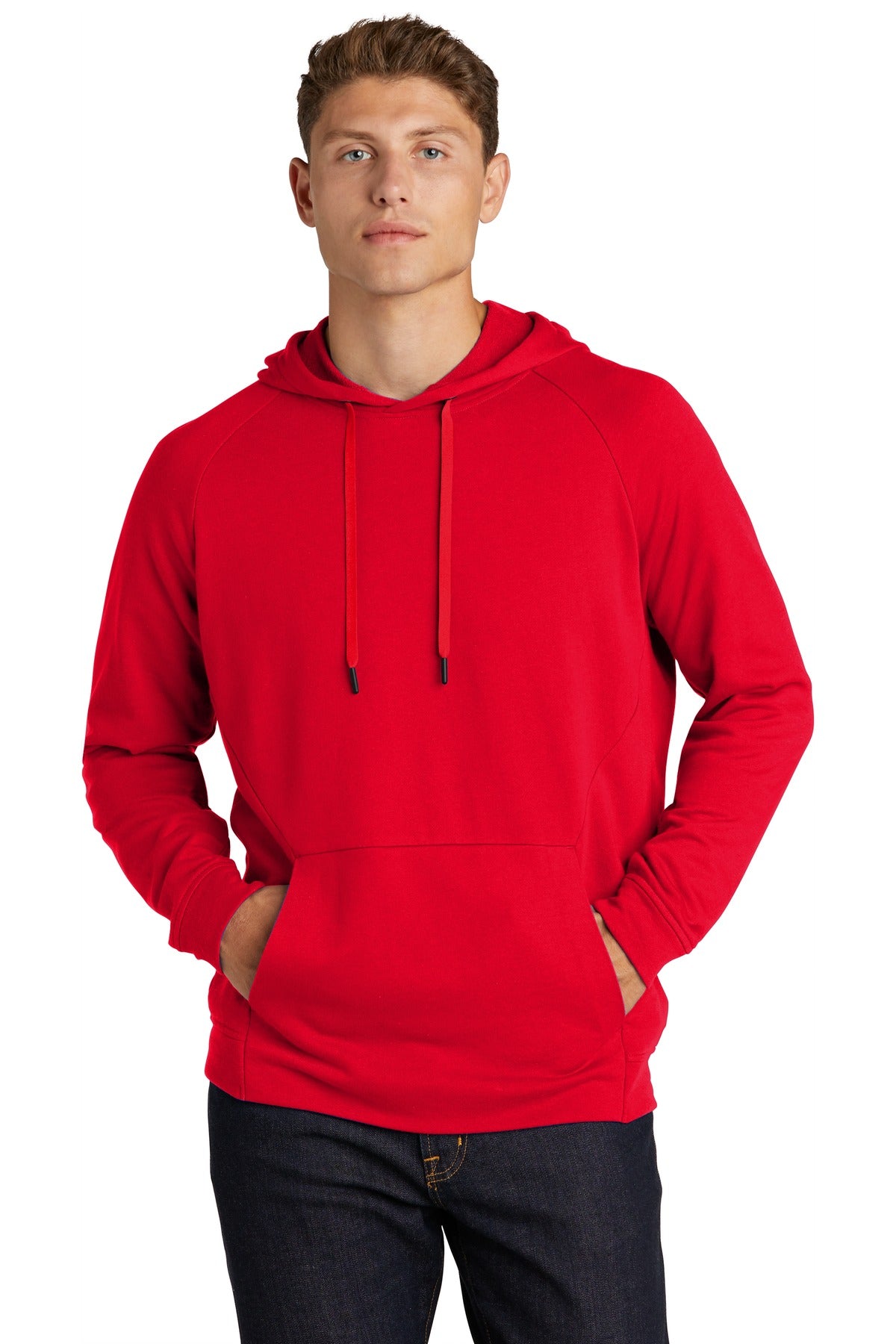 Front View of True Red Sport-Tek Lightweight French Terry Pullover Hoodie. ST272 plain