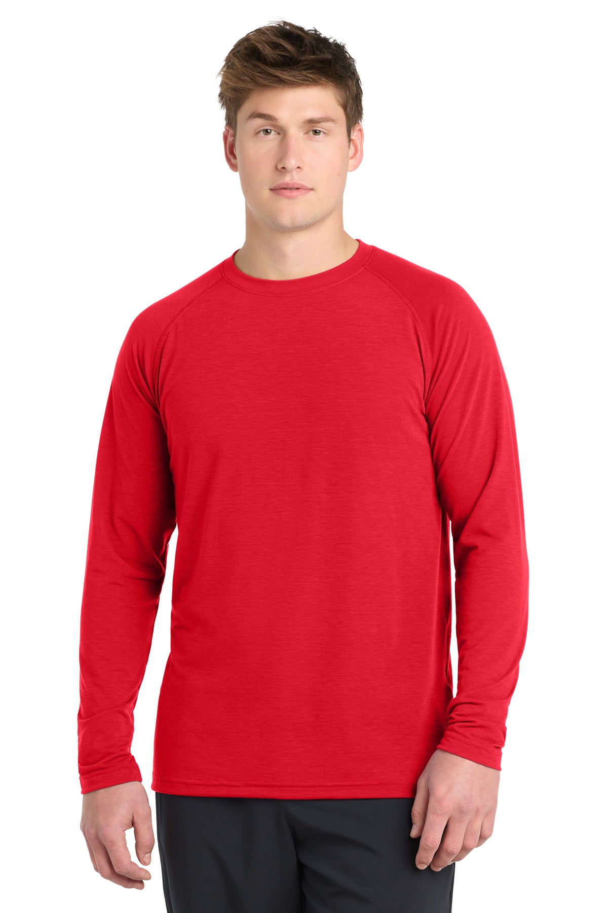 Front View of True Red Sport-Tek Long Sleeve Ultimate Performance Crew. ST700LS plain