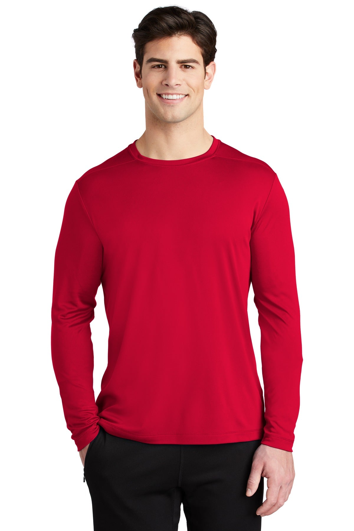 Front View of True Red Sport-Tek Posi-UV Pro Long Sleeve Tee. ST420LS plain