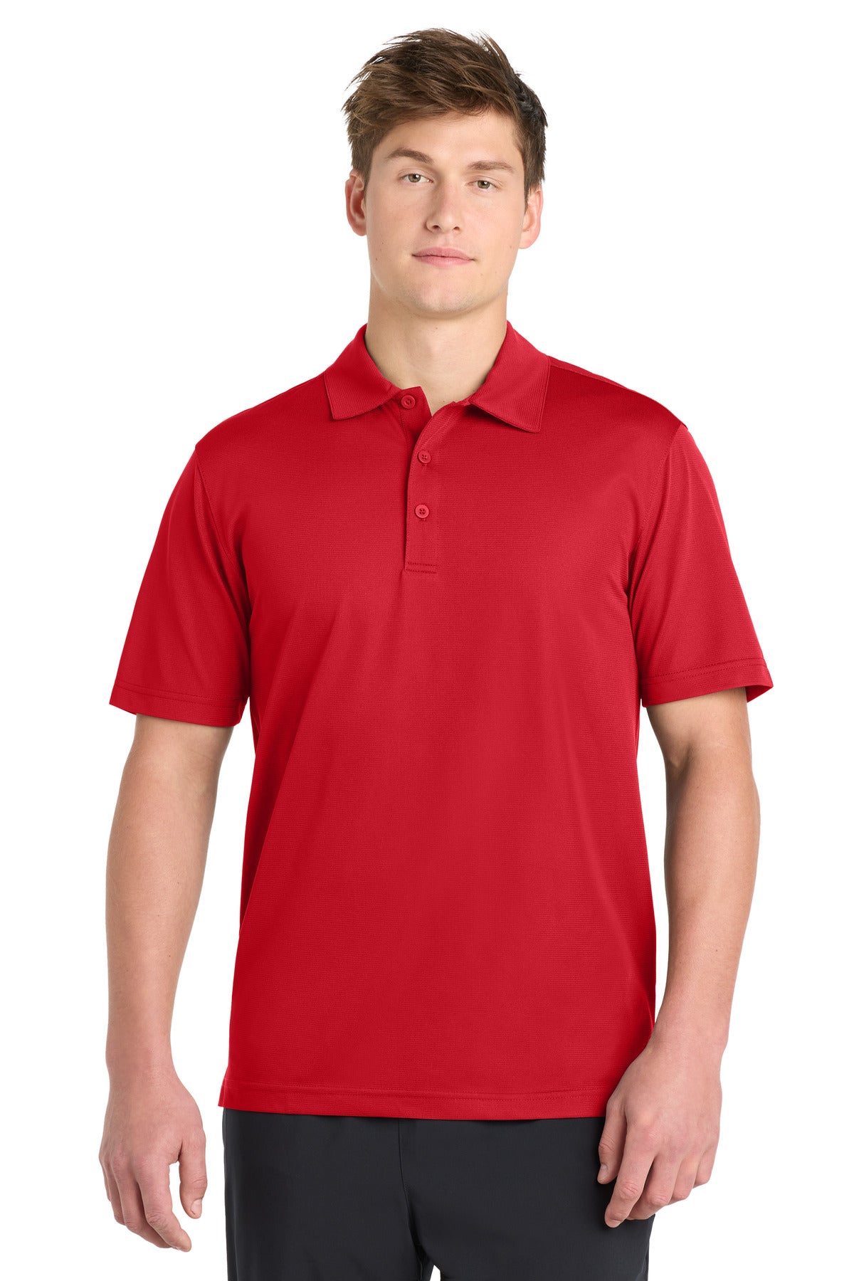 Front View of True Red Sport-Tek PosiCharge Active Textured Polo. ST690 plain