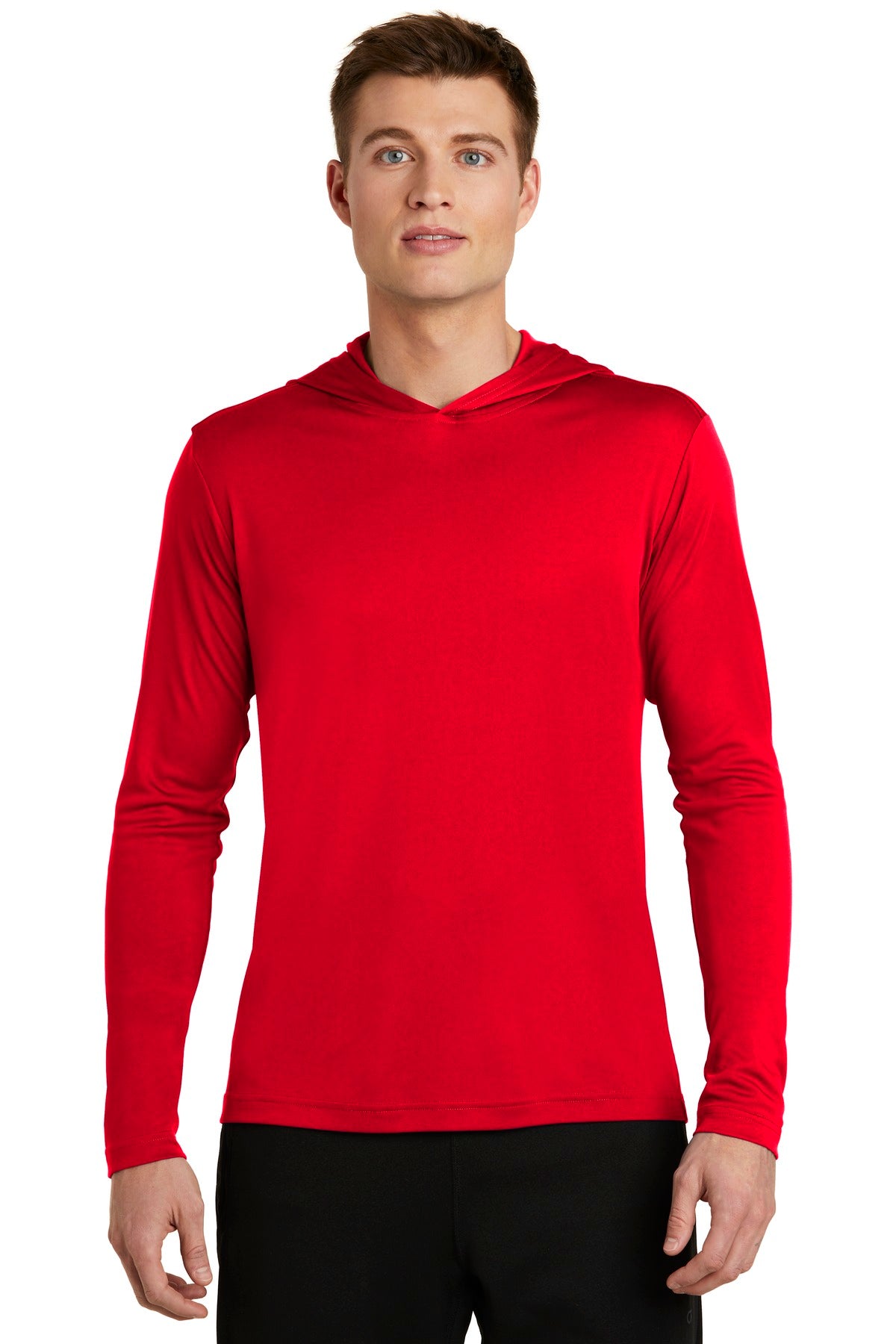 Front View of True Red Sport-Tek PosiCharge Competitor Hooded Pullover. ST358 plain