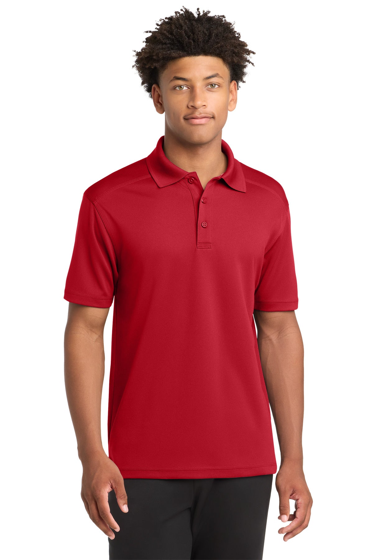 Front View of True Red Sport-Tek PosiCharge Micro-Mesh Polo. ST680 plain