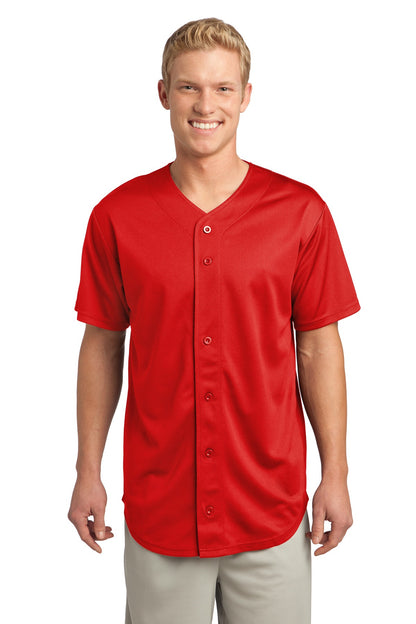 Front View of True Red Sport-Tek PosiCharge Tough Mesh Full-Button Jersey. ST220 plain