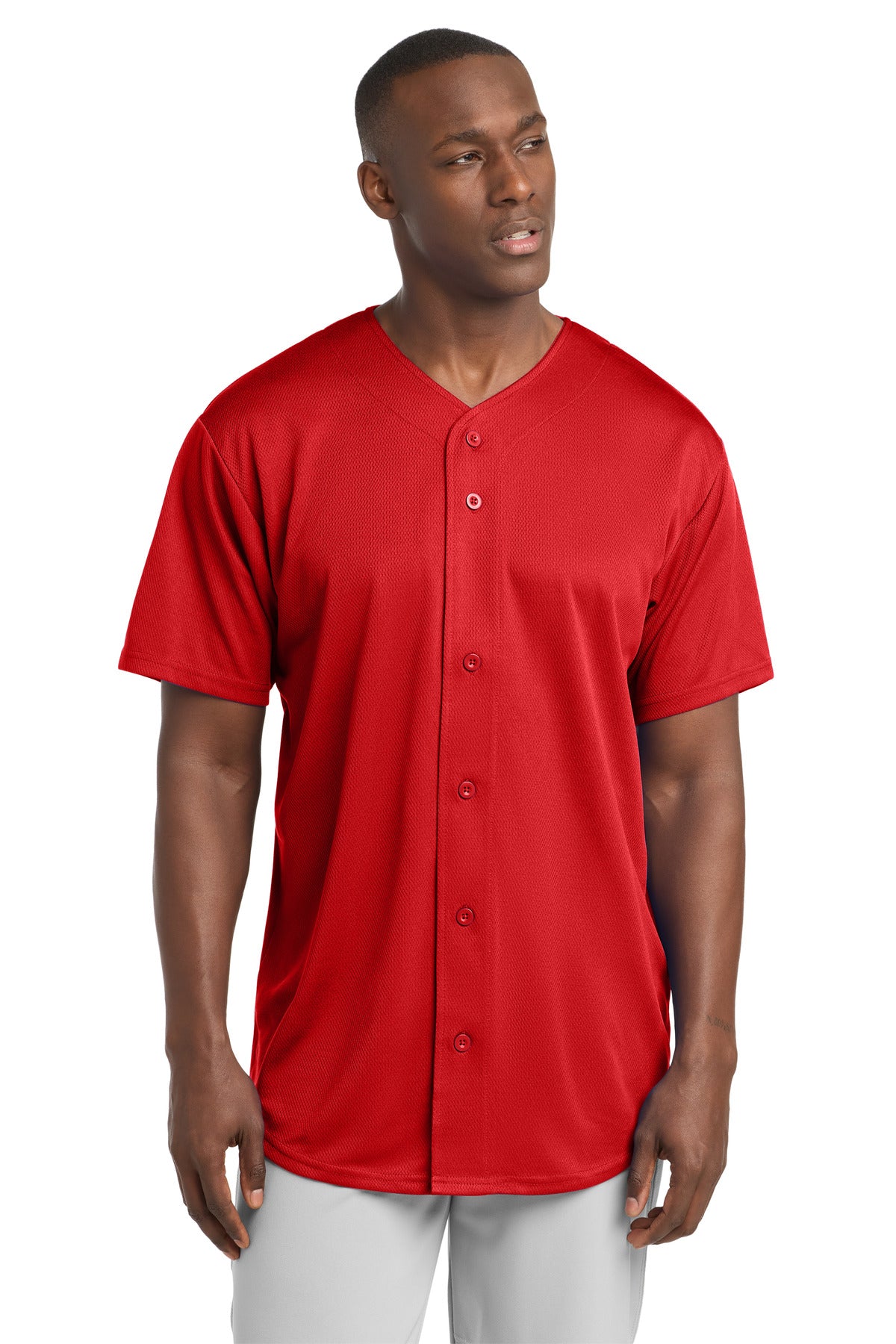 Front View of True Red Sport-Tek PosiCharge Tough Mesh Full-Button Jersey. ST220 plain