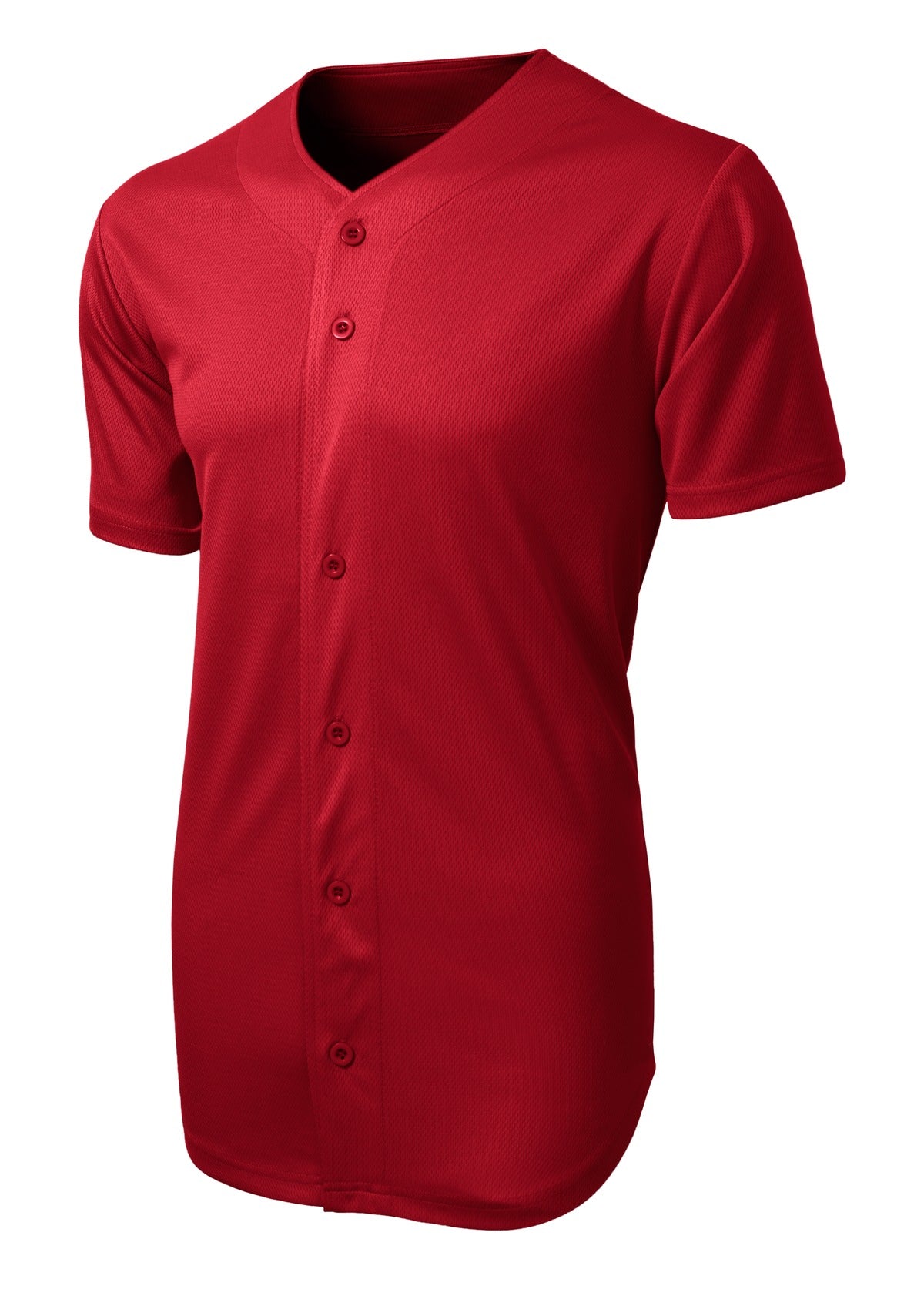 Front View of True Red Sport-Tek PosiCharge Tough Mesh Full-Button Jersey. ST220 plain
