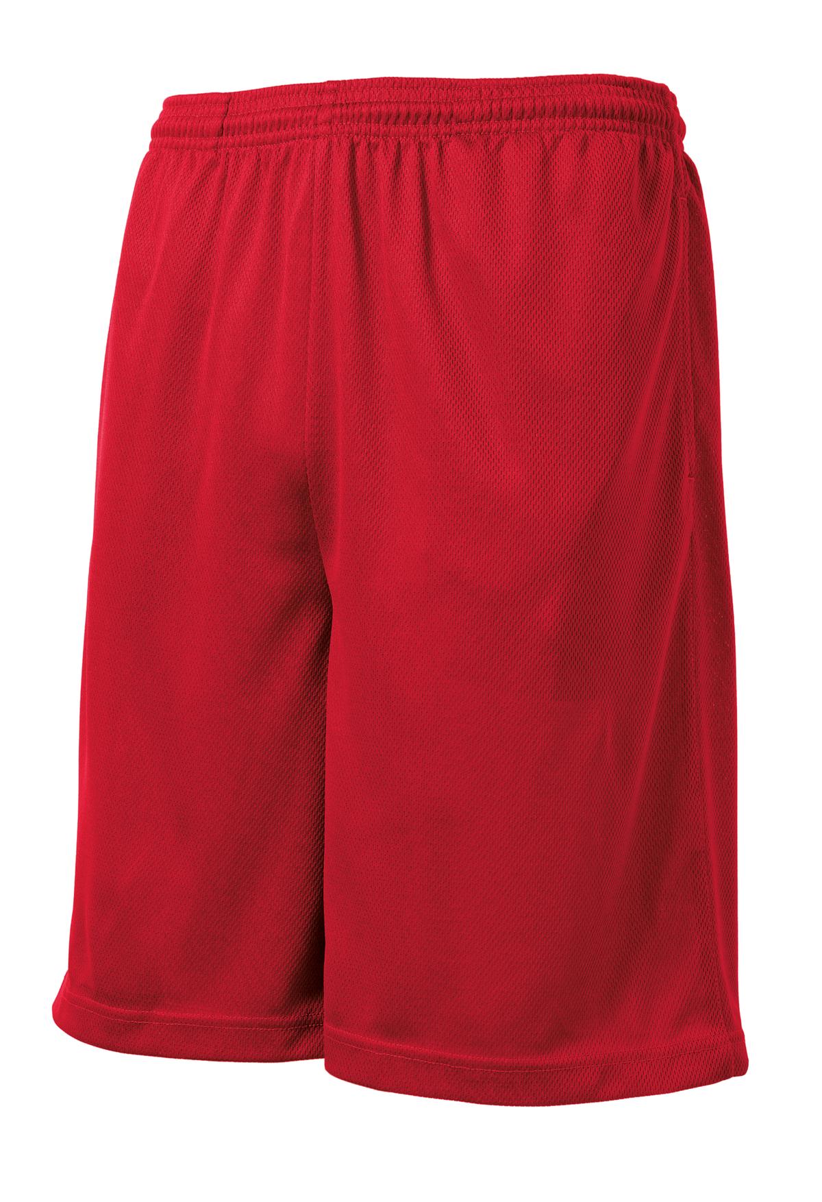 Front View of True Red Sport-Tek PosiCharge Tough Mesh Pocket Short. ST312 plain