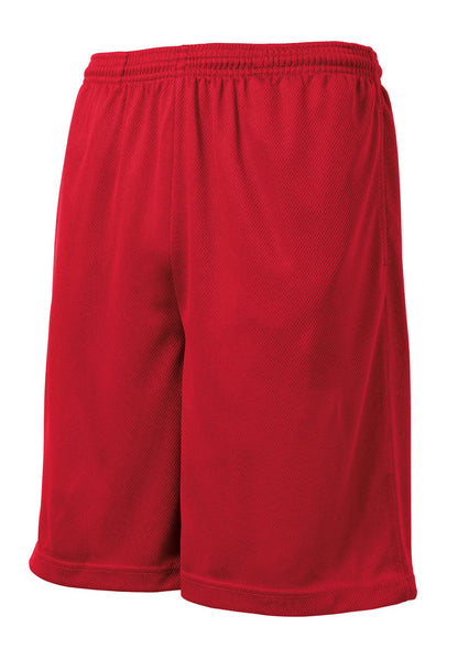 Front View of True Red Sport-Tek PosiCharge Tough Mesh Pocket Short. ST312 plain