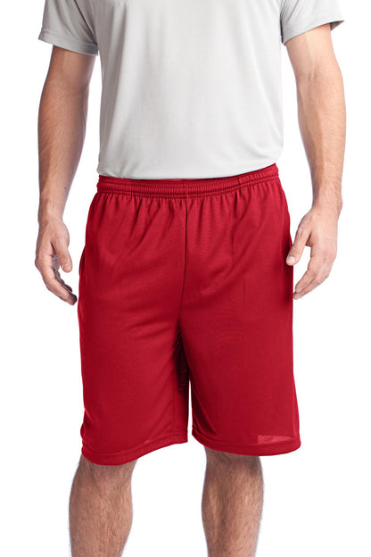 Front View of True Red Sport-Tek PosiCharge Tough Mesh Pocket Short. ST312 plain