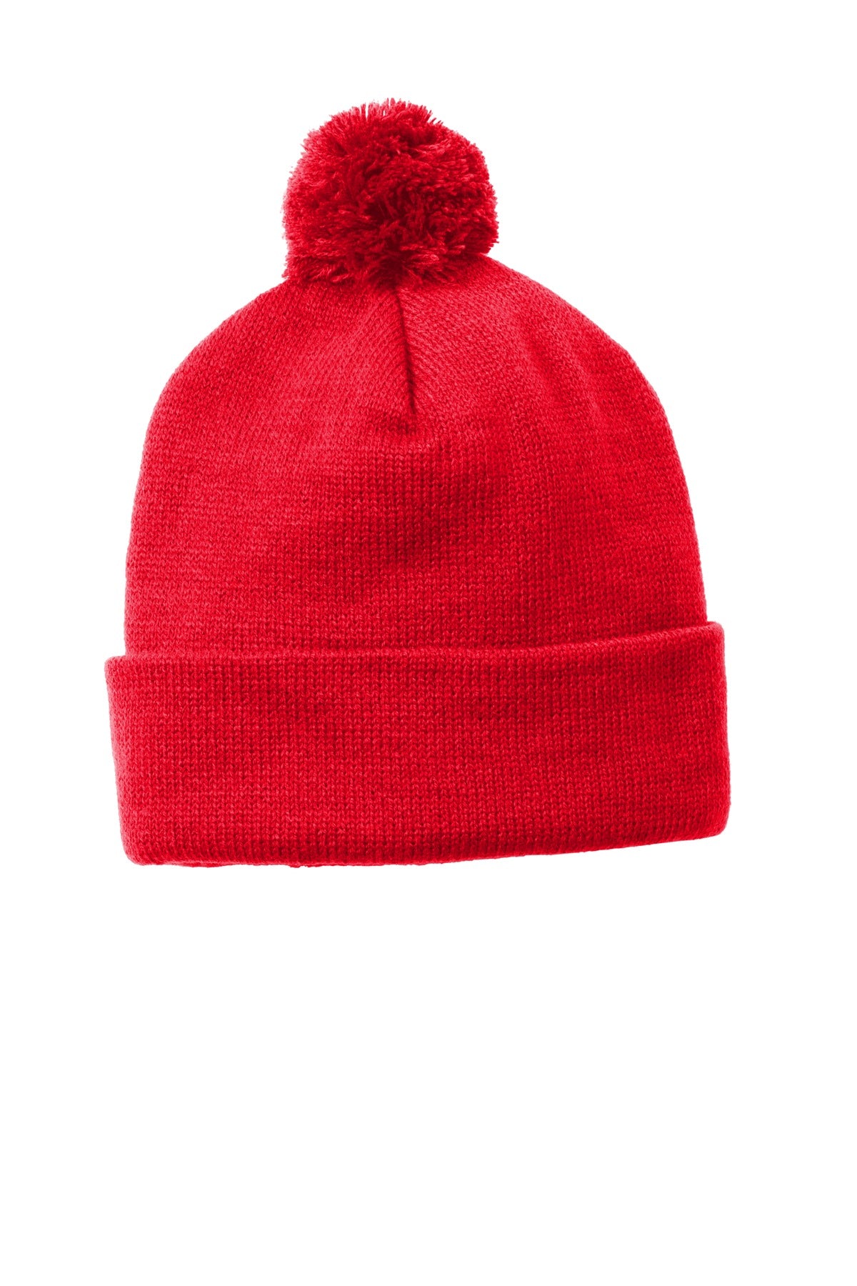 Front View of True Red Sport-Tek Solid Pom Pom Beanie. STC37