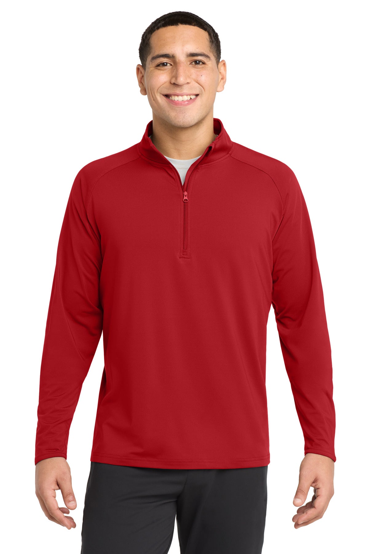 Front View of True Red Sport-Tek Sport-Wick Stretch 1/4-Zip Pullover. ST850 plain