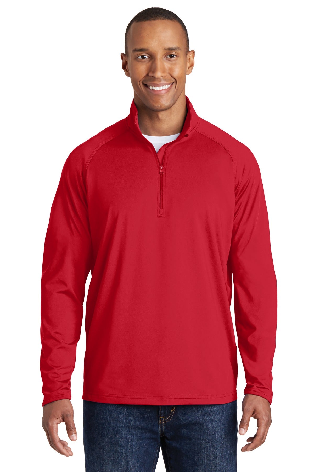 Front View of True Red Sport-Tek Tall Sport-Wick Stretch 1/4-Zip Pullover. TST850 plain