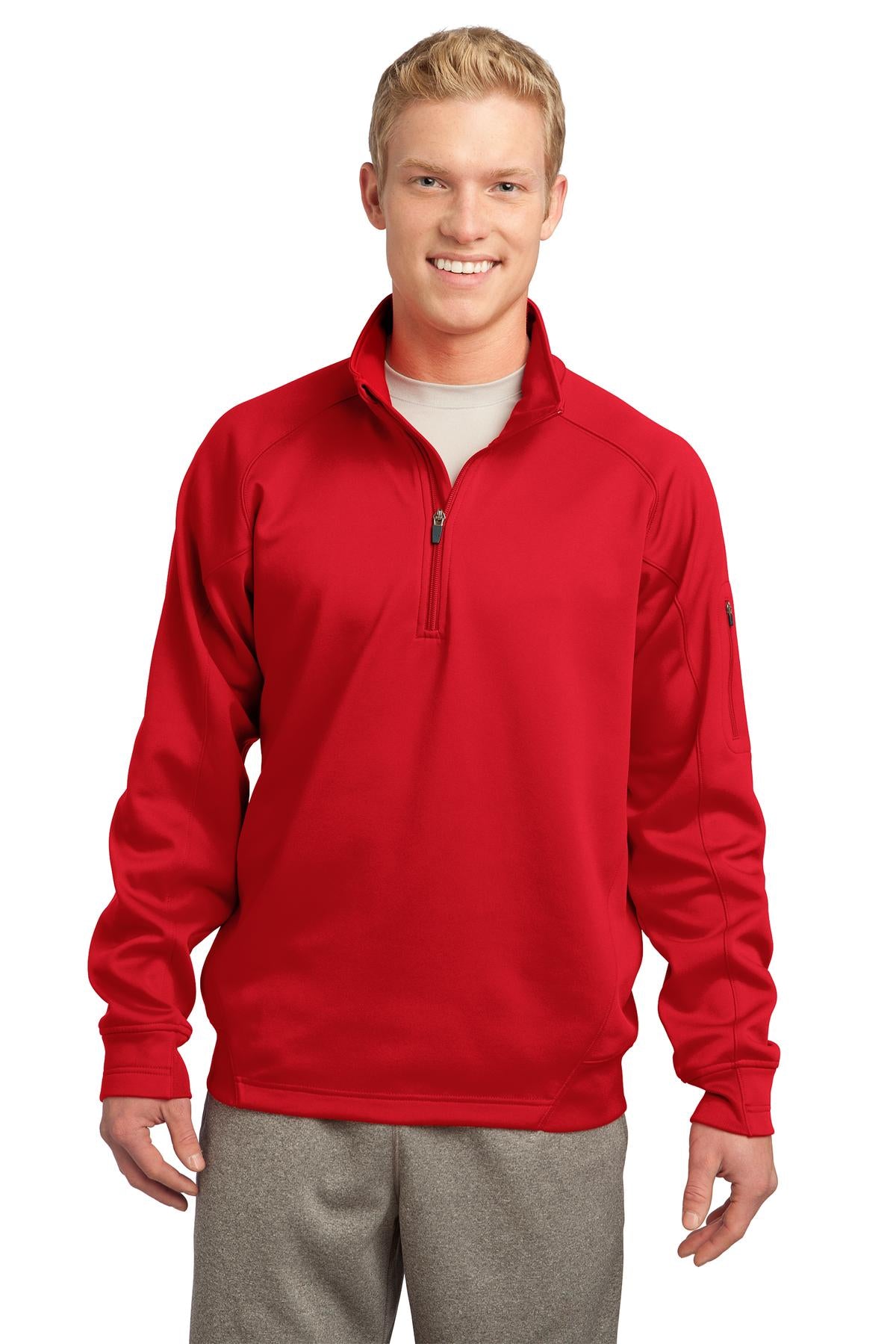 Front View of True Red Sport-Tek Tech Fleece 1/4-Zip Pullover. F247 plain