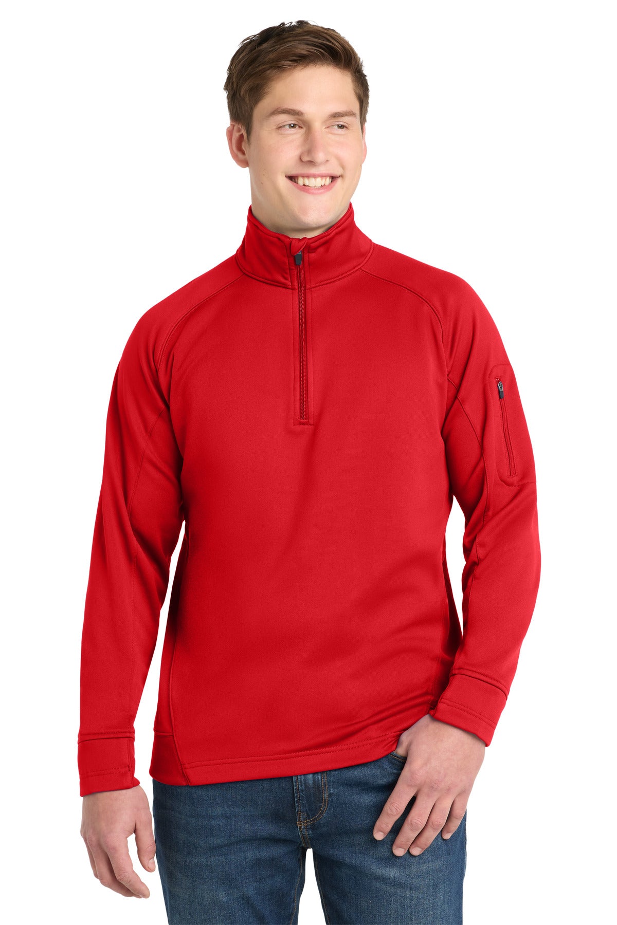Front View of True Red Sport-Tek Tech Fleece 1/4-Zip Pullover. F247 plain