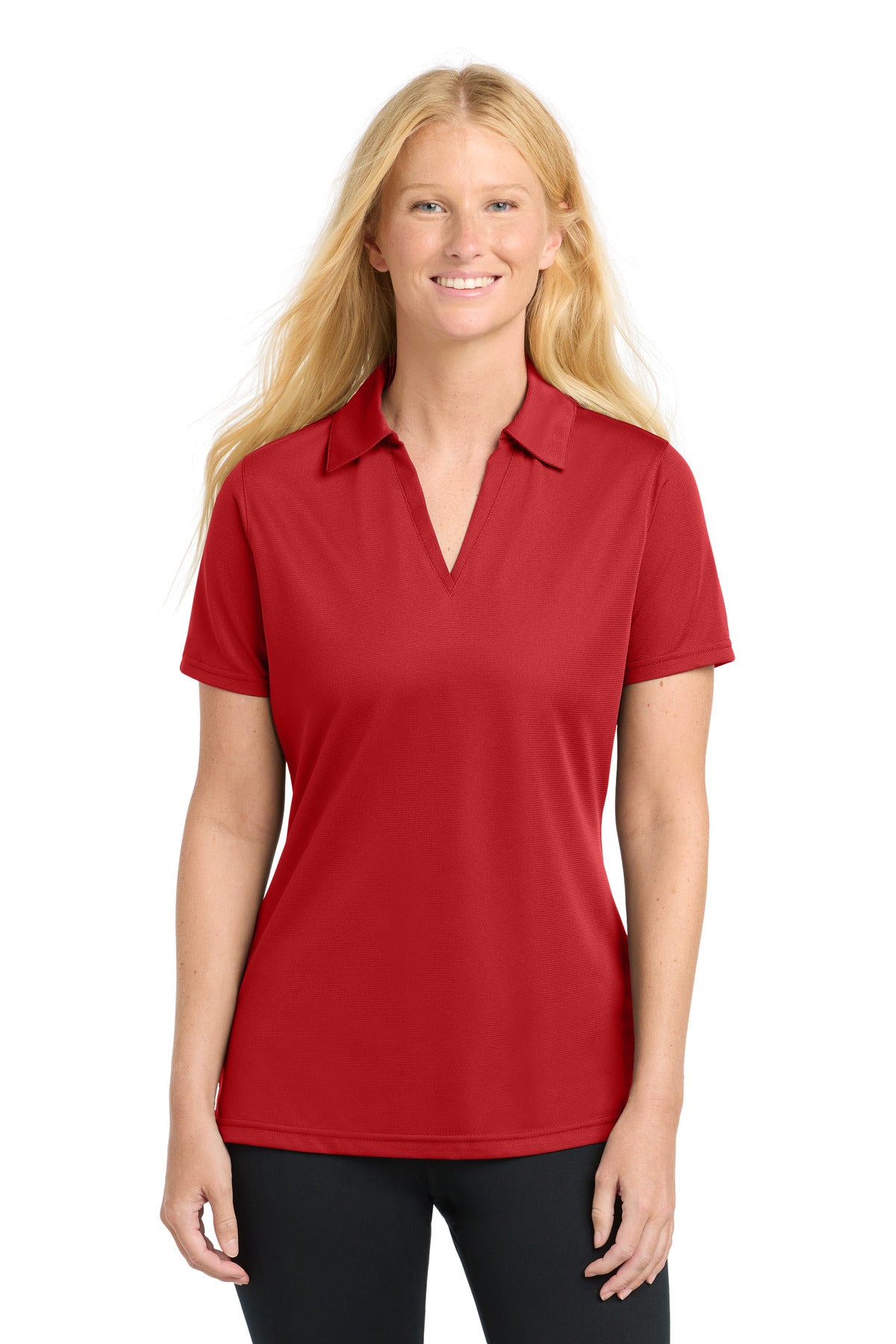 Front View of True Red Sport-Tek Women's PosiCharge Active Textured Polo. LST690 plain